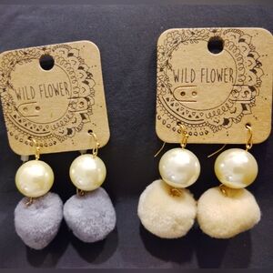 2 pair Wildflowers Pearl and Cream And Pearl And Gray Pom Pom Earrings